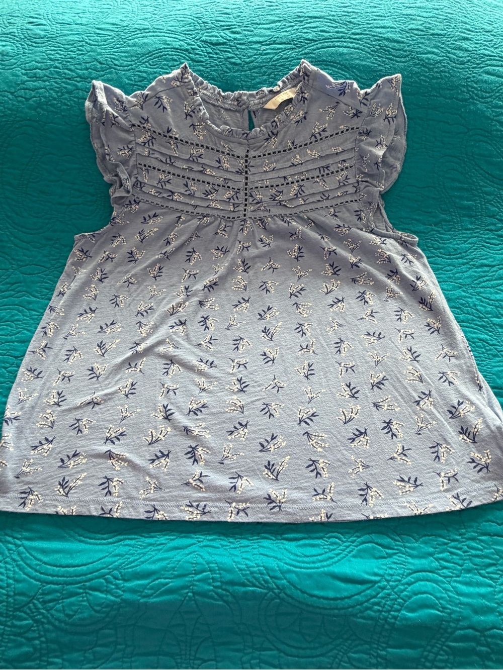 Lucky Brand Light Blue Floral Lace Yoke Flutter Sleeve Top